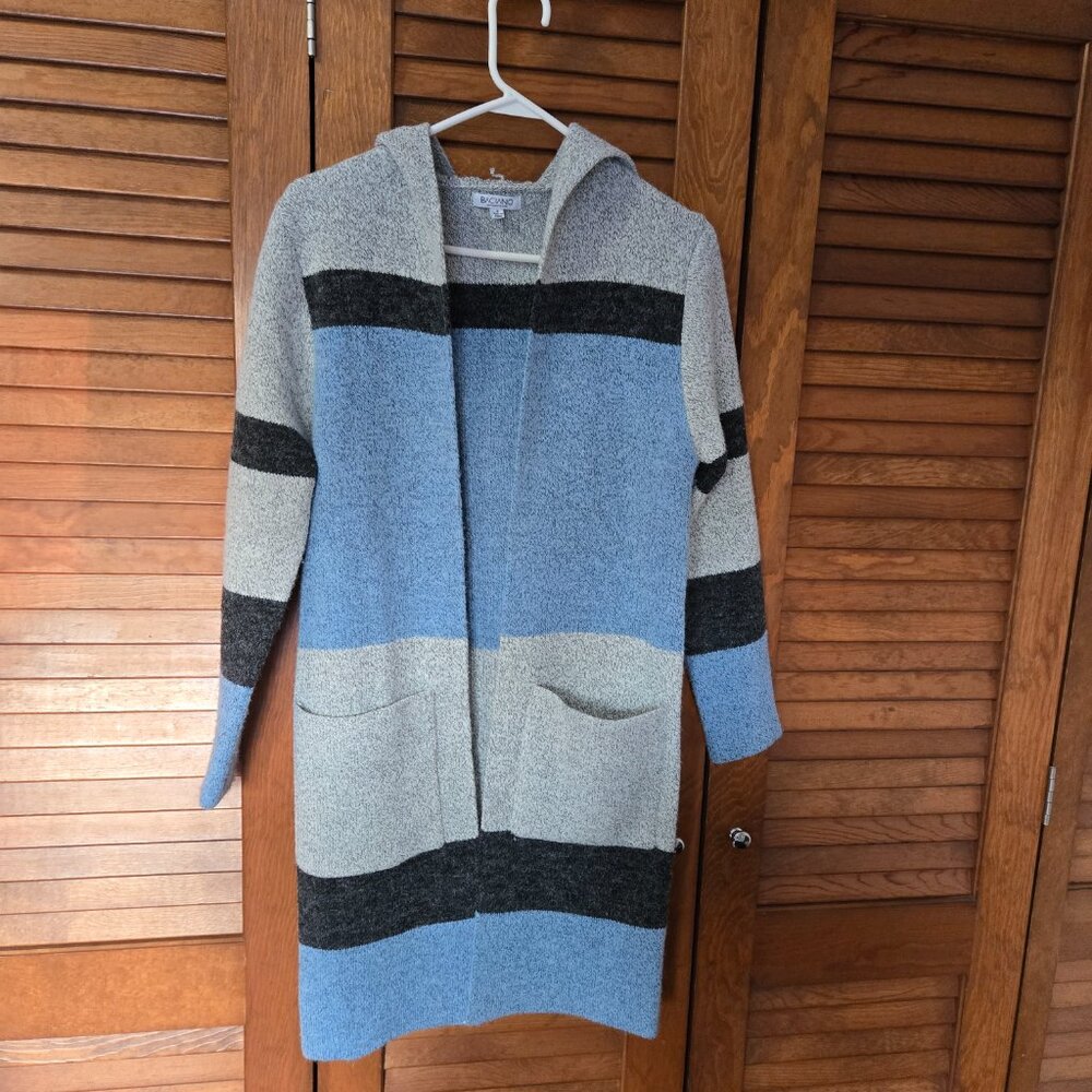 Baciano Long Open Front Cardigan Hooded Women's Size Small Grey/Blue w/ Pockets